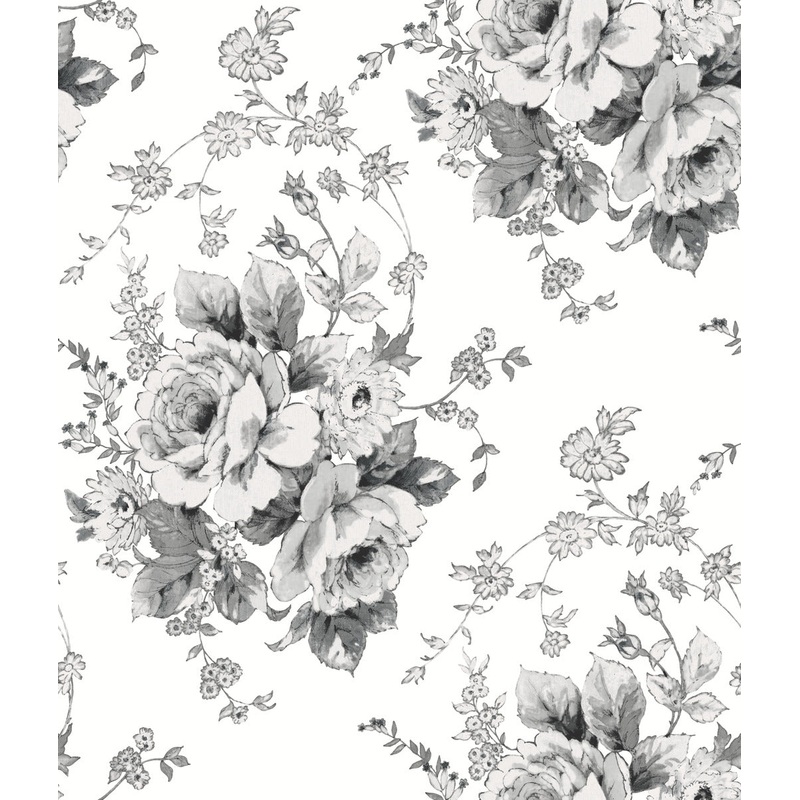 FH4086 White/Black Heritage Rose Wallpaper