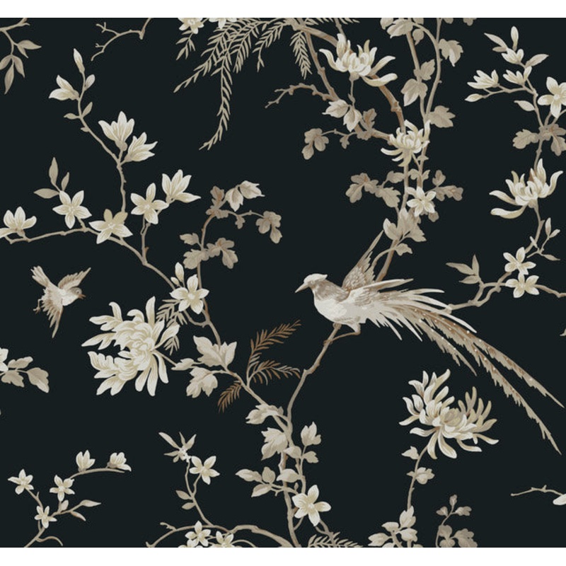 KT2173 Black Bird And Blossom Chinoserie Wallpaper