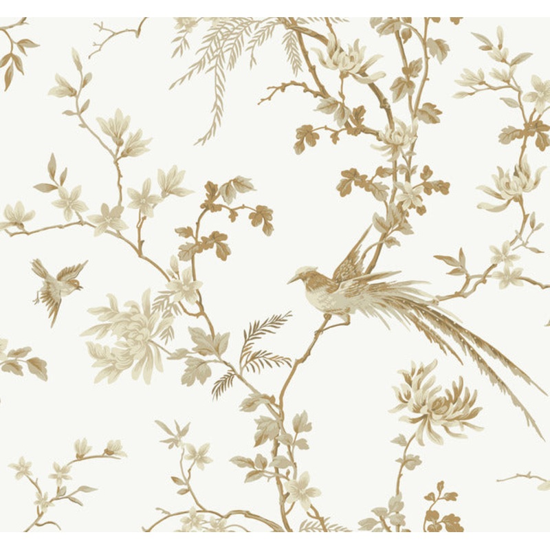 KT2174 White/Gold Bird And Blossom Chinoserie Wallpaper