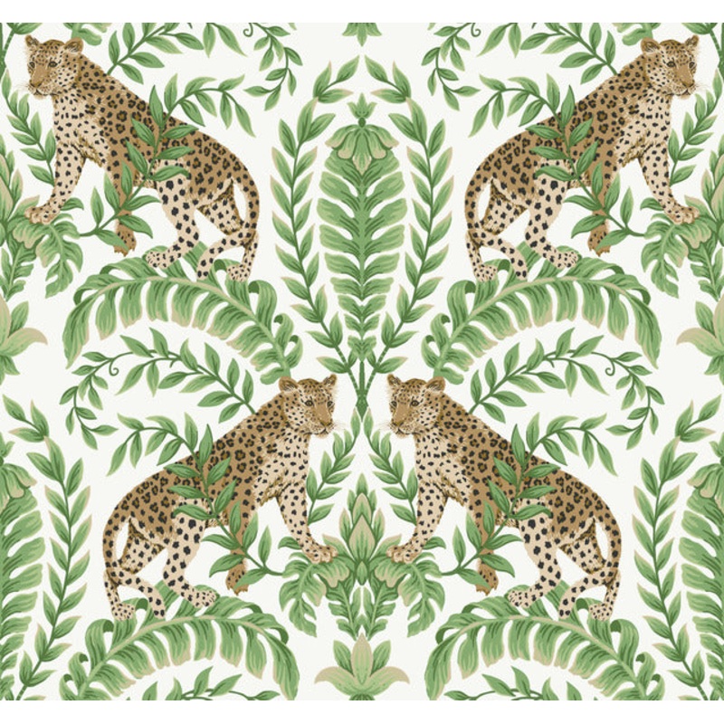 KT2203 White/Green Jungle Leopard Wallpaper